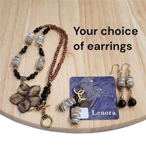 Hand Crafted Mother of Pearl Bronzite Floral Shell Necklace And Earrings Set